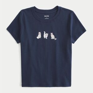 Hollister Women's Blue Cat Graphic Baby Tee Size XL